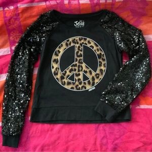 Justice Girl Leopard Peace Sign Black Shirt Size 12 Sequins